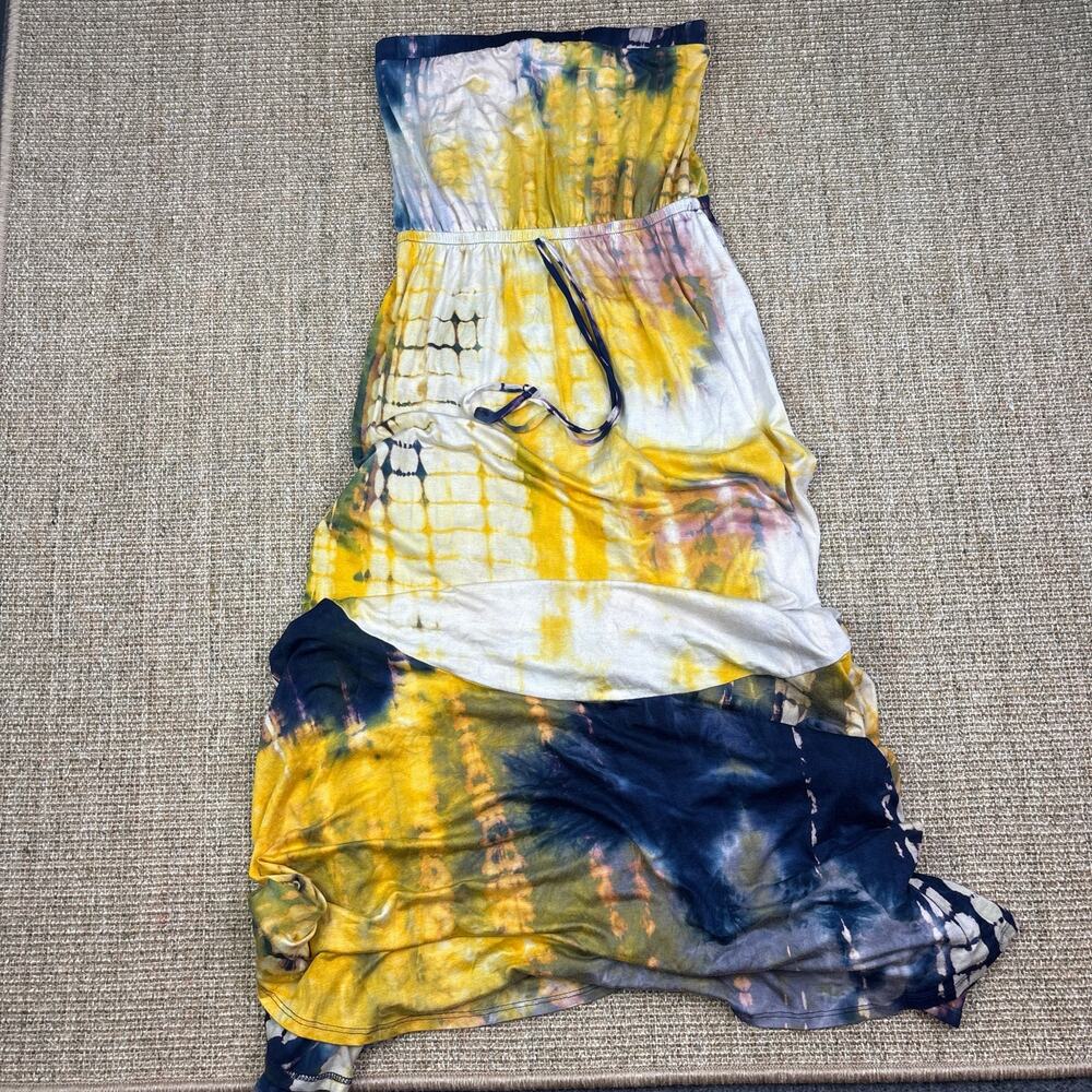 🌻 Tie Dye Strapless Maxi Dress | Small | Yellow Navy Shibori